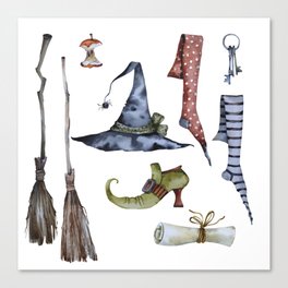 Outfit for a witch. Watercolor hat, shoes, stockings, broom. Canvas Print