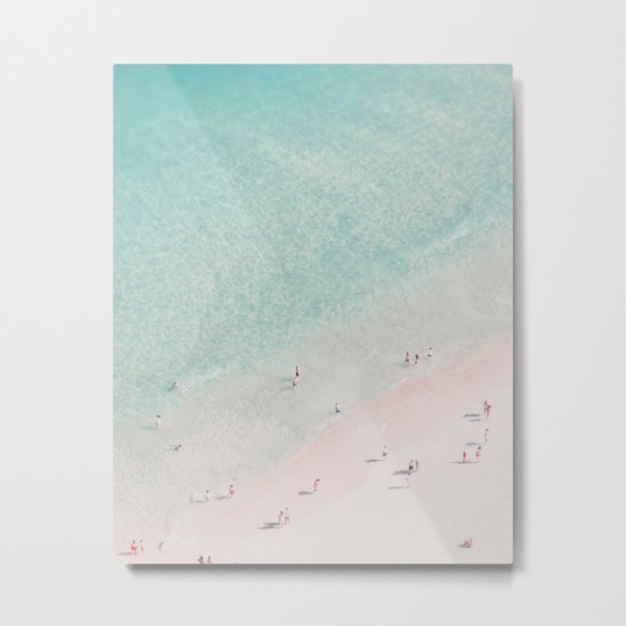 Aerial Beach Ocean Print - Beach People - Pink Sand - Pastel Sea - Minimal - Travel photography Metal Print