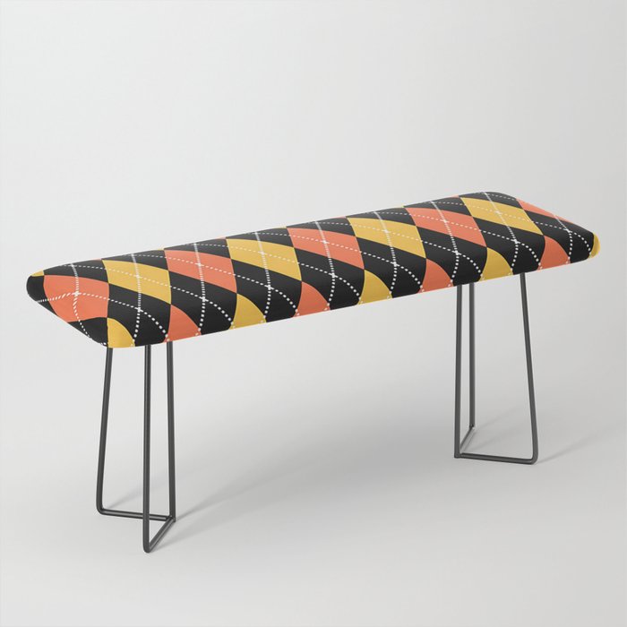 Salmon Orange And Yellow Argyle Pattern Diamond Geometrical Quilt Knit Sweater Tartan  Bench