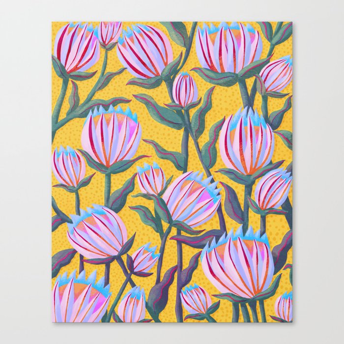 Bold Protea Flower Pattern - Pink Blue Green Purple Yellow Canvas Print