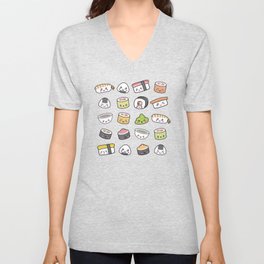 Happy kawaii sushi pattern V Neck T Shirt