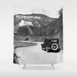 Old Hollywood sign Hollywoodland black and white photograph Shower Curtain