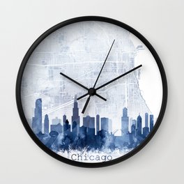 Chicago Skyline & Map Watercolor Navy Blue, by Zouzounio Art  Wall Clock