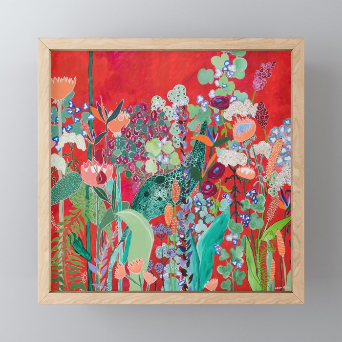 Red floral Jungle Garden Botanical featuring Proteas, Reeds, Eucalyptus, Ferns and Birds of Paradise Framed Mini Art Print