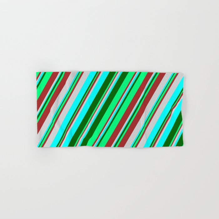 Colorful Brown, Light Grey, Cyan, Dark Green, and Green Colored Stripes Pattern Hand & Bath Towel