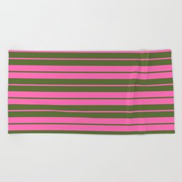 [ Thumbnail: Hot Pink and Dark Olive Green Colored Lined Pattern Beach Towel ]