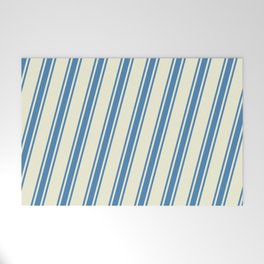 [ Thumbnail: Beige and Blue Colored Pattern of Stripes Welcome Mat ]