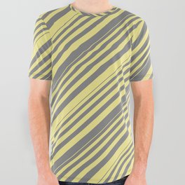 [ Thumbnail: Grey and Tan Colored Striped/Lined Pattern All Over Graphic Tee ]