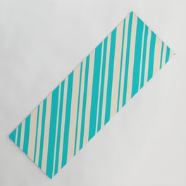 [ Thumbnail: Dark Turquoise and Beige Colored Stripes Pattern Yoga Mat ]