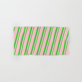 [ Thumbnail: Pink, Lime & Grey Colored Lined Pattern Hand & Bath Towel ]