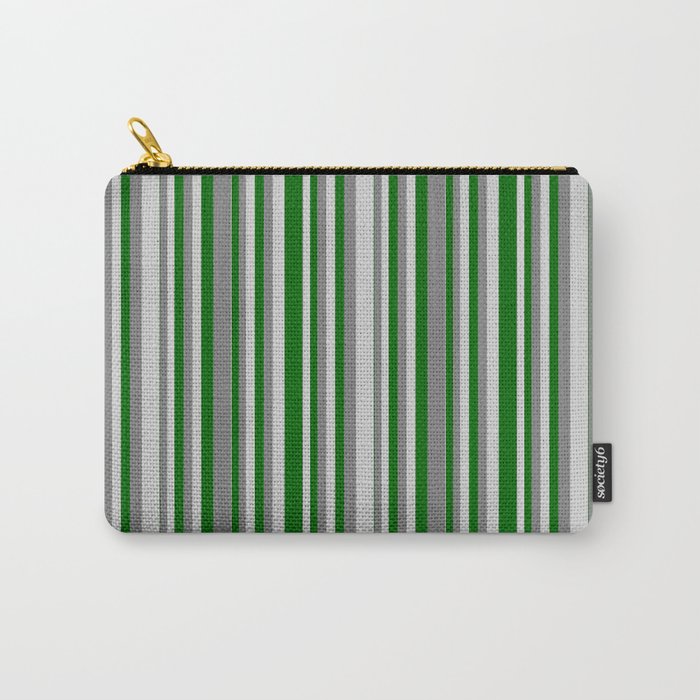 Grey, Light Grey & Dark Green Colored Striped Pattern Carry-All Pouch
