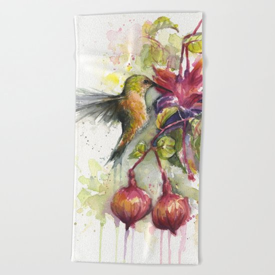 Hummingbird and Fuchsia Watercolor Beach Towel