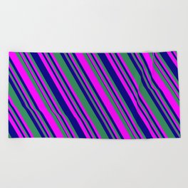 [ Thumbnail: Sea Green, Fuchsia, and Blue Colored Lined/Striped Pattern Beach Towel ]