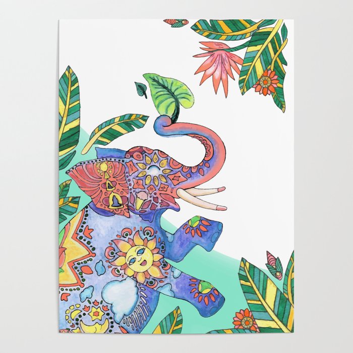 The Happy Elephant - Turquoise Poster