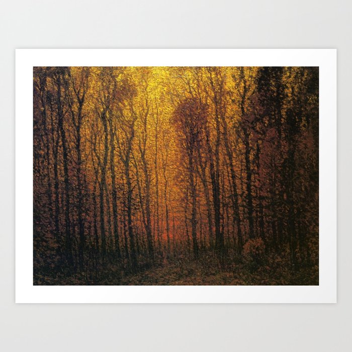 Deep woods in fall birch and aspen trees in golden twilight landscape nature painting by John Joseph Enneking Art Print