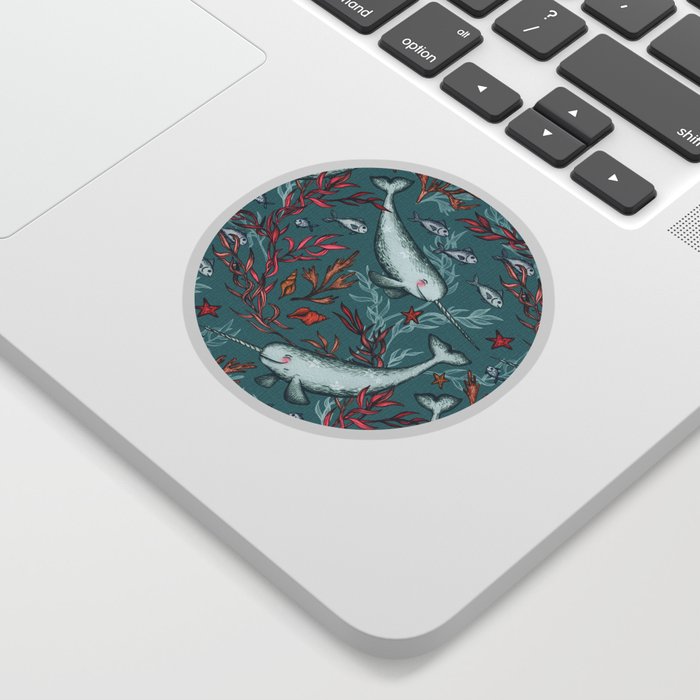 Narwhal Toile - teal blue Sticker