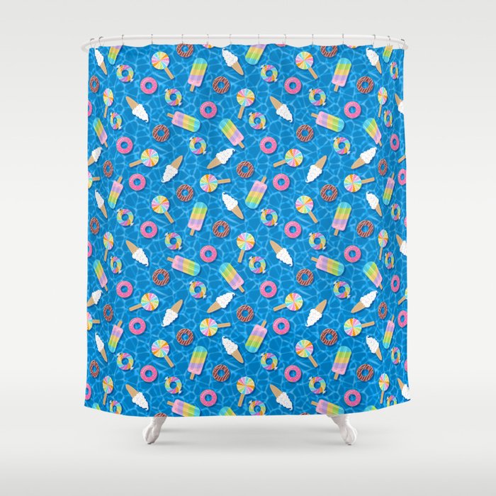 Sweet Treats Pool Floats Pattern Blue Shower Curtain by WickedRefined