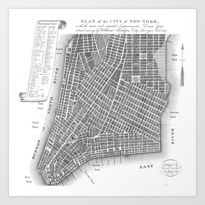 Vintage Map of Lower New York City (1807) BW Art Print by BravuraMedia Society6