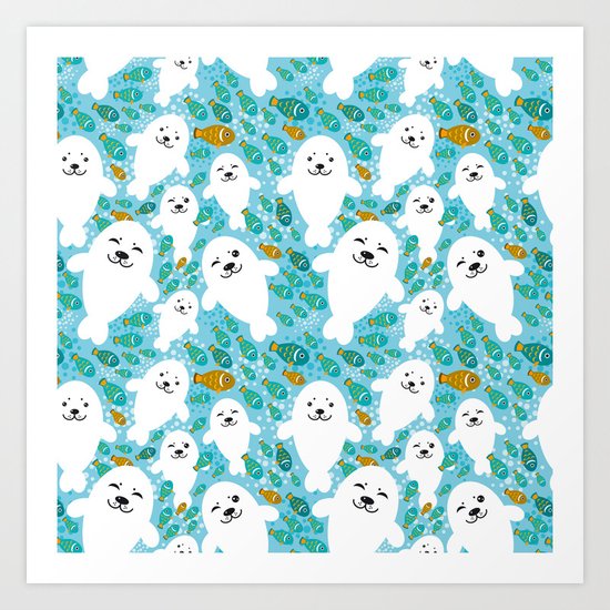 White cute fur seal and fish in water Art Print