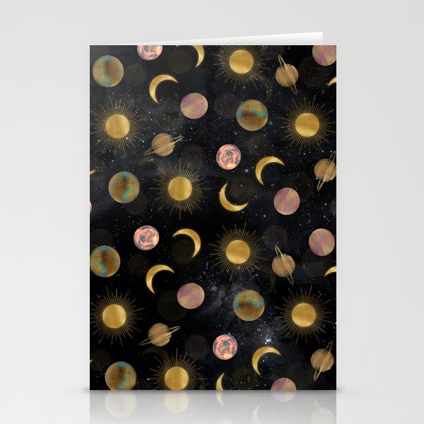 Gold Sun Moon Planets Space illustration Stationery Cards