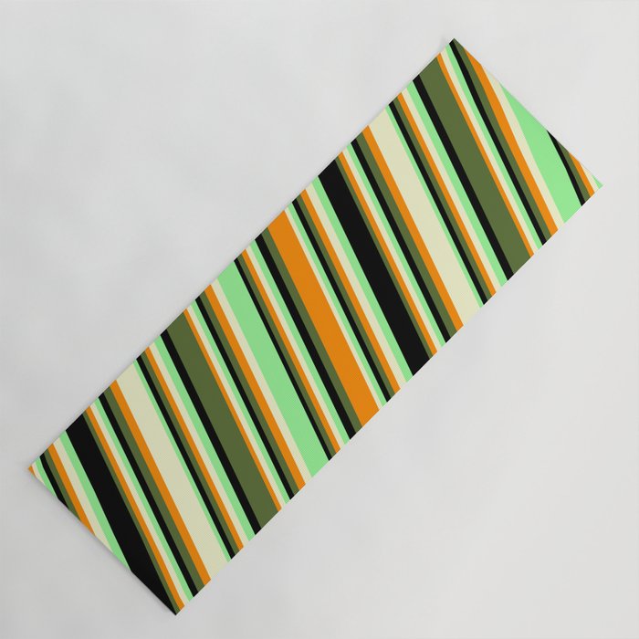 Colorful Dark Orange, Light Yellow, Green, Black, and Dark Olive Green Colored Pattern of Stripes Yoga Mat