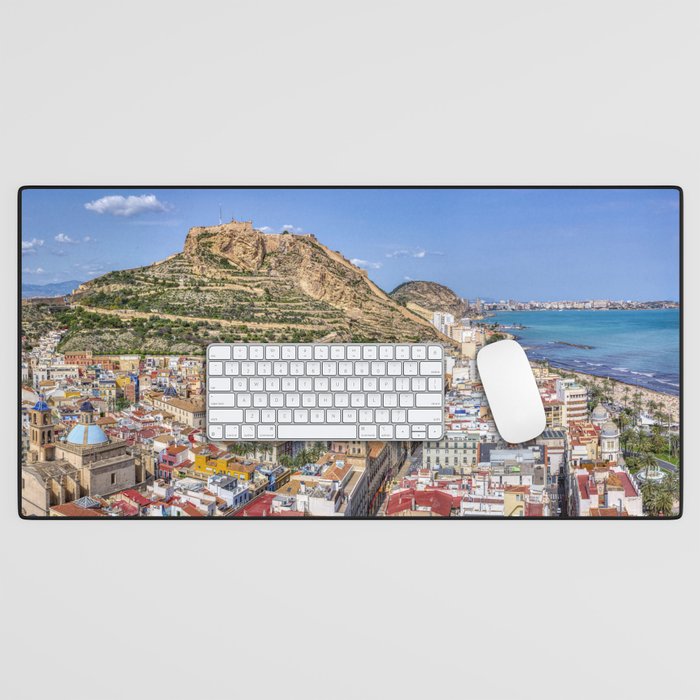 Alicante with the cathedral and the castle of Santa Barbara, Spain. Desk Mat