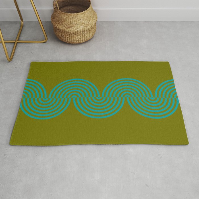 groovy minimalist pattern aqua waves on olive Rug