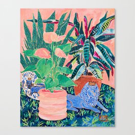 Jungle of House Plants Blush Still Life Painting with Blue Lion Figurine Canvas Print