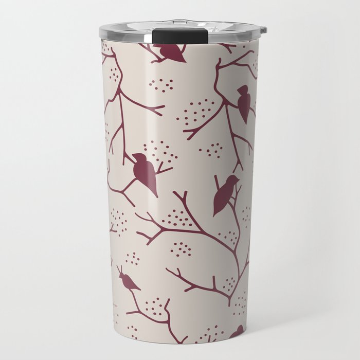Red tree brunches and birds on tan background Travel Mug