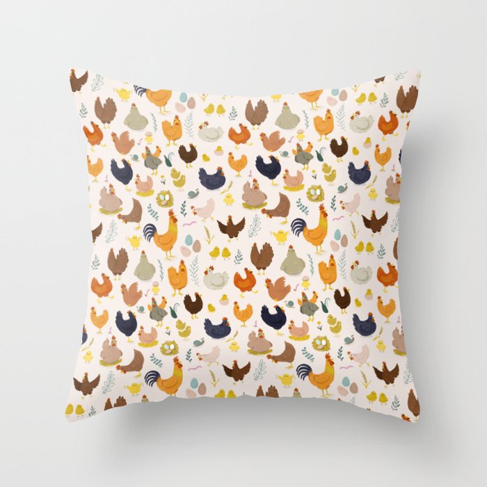 Chickens And Rooster pattern Throw Pillow
