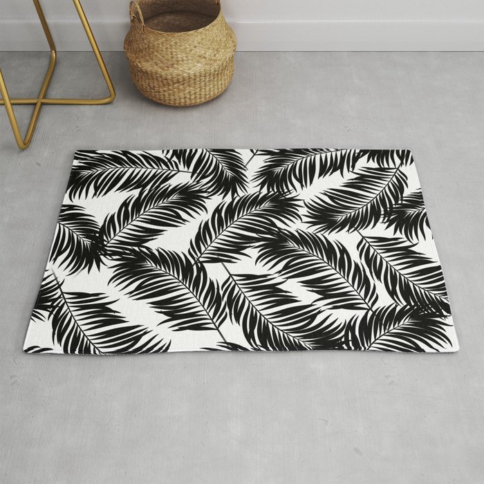 Palm Frond Tropical Décor Leaf Pattern Black on White Rug