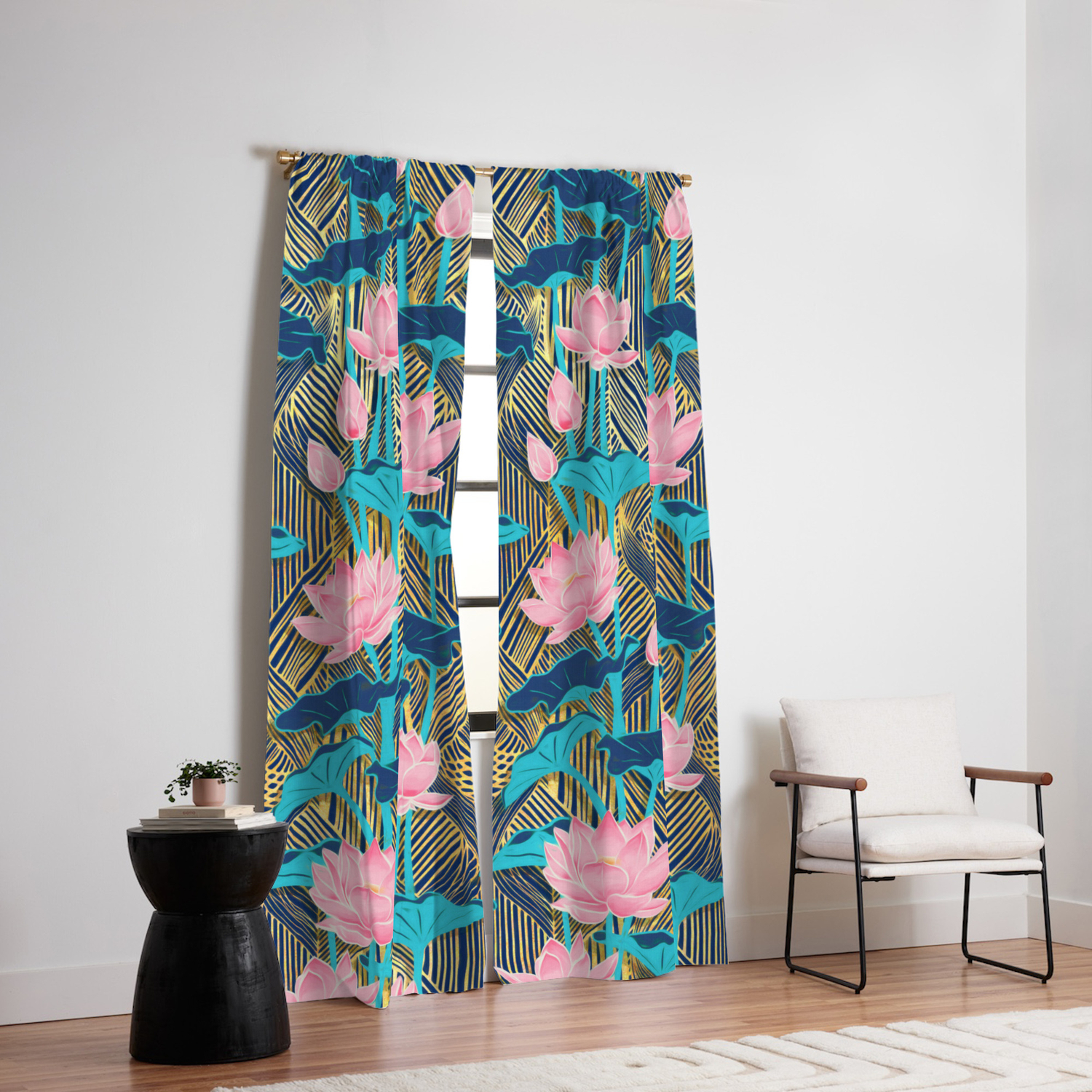 Art Deco Lotus Flowers In Pink Navy Blackout Curtain By Micklyn Society6