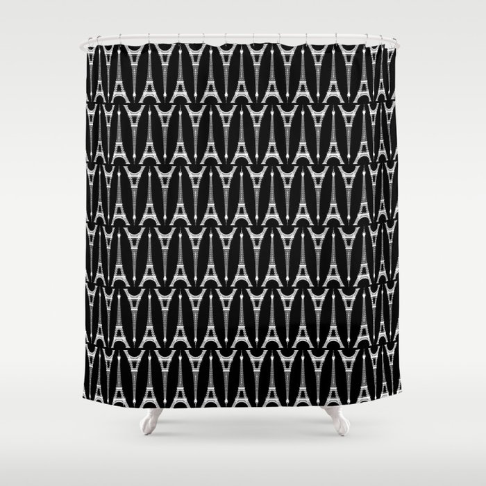 White Eiffel Towers on Black Shower Curtain