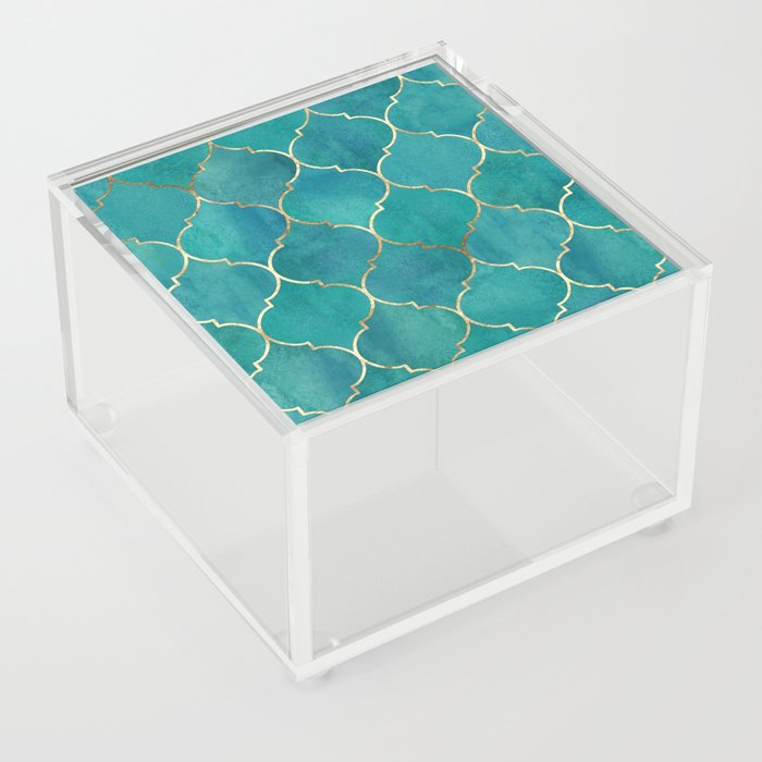 Turquoise Teal Golden Moroccan Quatrefoil Pattern II Acrylic Box
