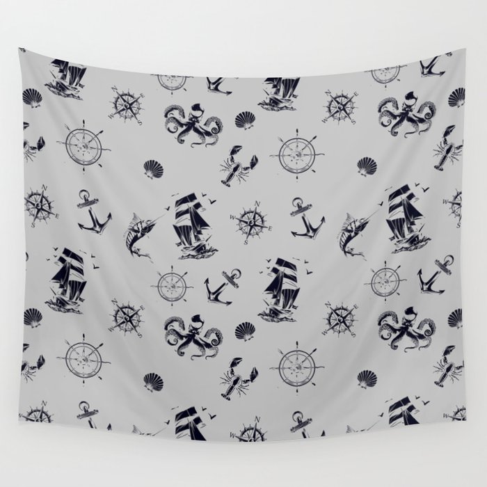 Light Grey And Blue Silhouettes Of Vintage Nautical Pattern Wall Tapestry