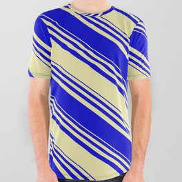 [ Thumbnail: Pale Goldenrod & Blue Colored Stripes Pattern All Over Graphic Tee ]