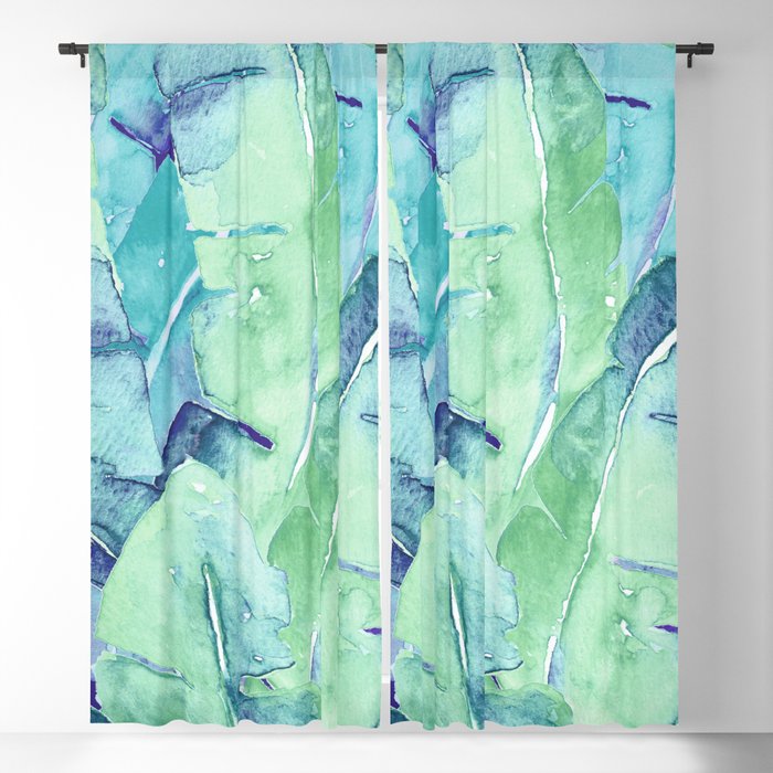 Banana Tree Leaves | Tropical  BLUE Watercolor Blackout Curtain