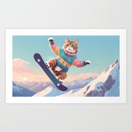 Cat's Snowboarding Spectacle in the Alps Art Print
