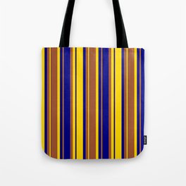 [ Thumbnail: Yellow, Sienna & Blue Colored Striped Pattern Tote Bag ]