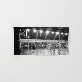 Black and White Photo of a handball game from behind the net Hand & Bath Towel