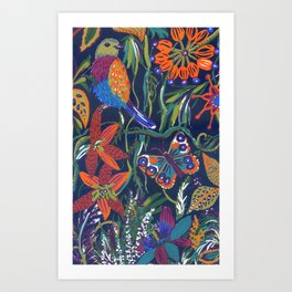 jungle by night: gouache pattern Art Print | Folk, Bird, Orchid, Jungle, Flowers, Watercolor, Kosarandrea, Dark, Folklore, Night 