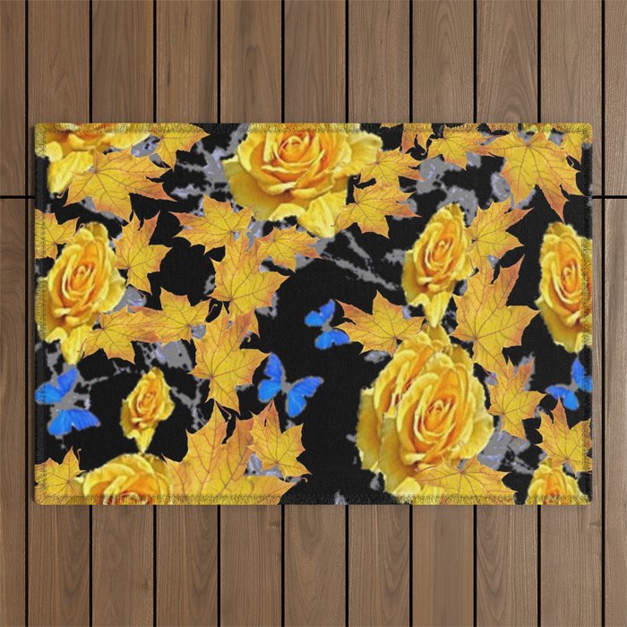 YELLOW ROSES BLUE BUTTERFLIES YELLOW LEAVES ART Outdoor Rug