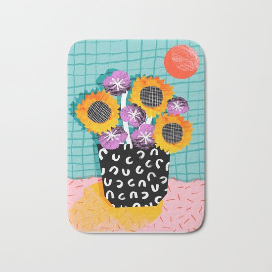 Wowsers - abstract retro throwback still life floral vase flowers grid memphis patterns Bath Mat