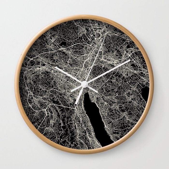 Zurich Switzerland - City Map - Black and White Aesthetic - map, gift, small, retro, city, cozy Wall Clock