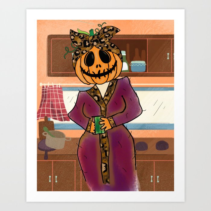 Pumpkin Head Woman In Robe In Her Kitchen Art Print