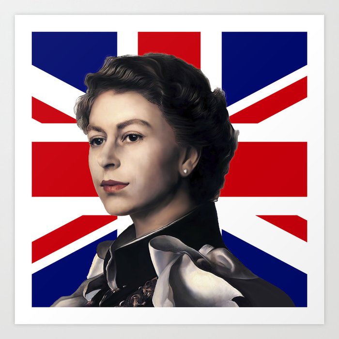 Queen Elizabeth II with British Flag Art Print