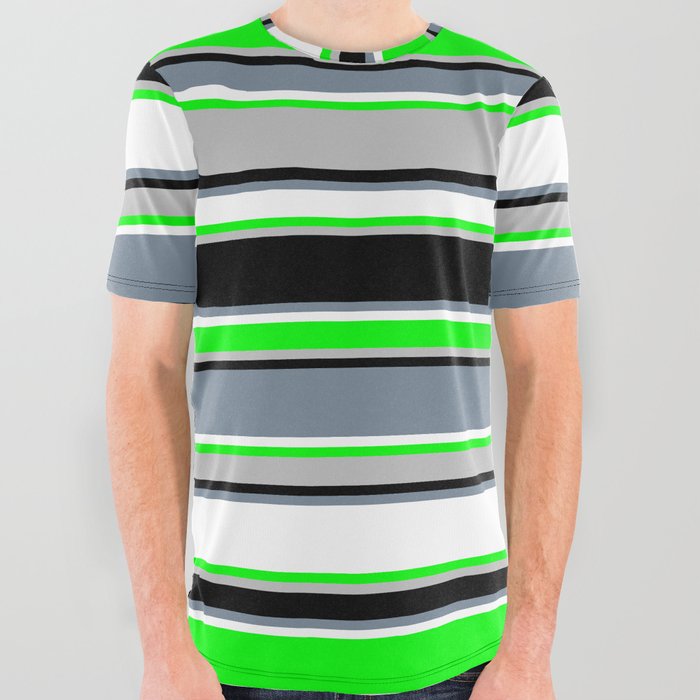 Vibrant Lime, Grey, Black, Light Slate Gray & White Colored Pattern of Stripes All Over Graphic Tee