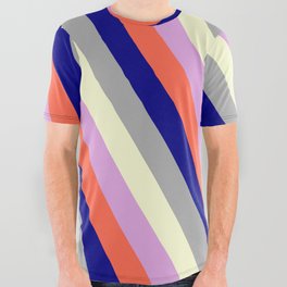 [ Thumbnail: Colorful Plum, Red, Blue, Dark Grey & Light Yellow Colored Lines/Stripes Pattern All Over Graphic Tee ]