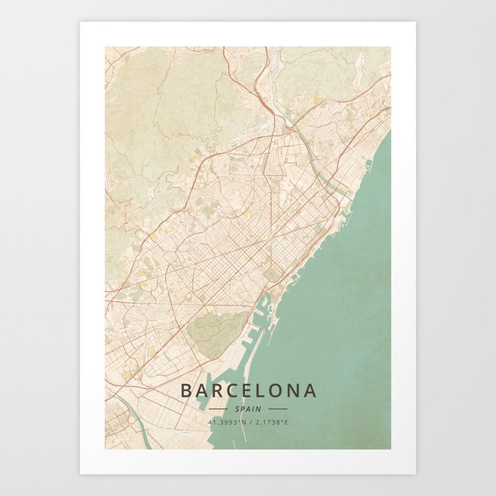 Barcelona, Spain - Vintage Map Art Print
