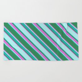 [ Thumbnail: Sea Green, Orchid, Turquoise & Light Sea Green Colored Lined Pattern Beach Towel ]